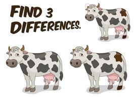 Find differences game cow cartoon colorful illustration vector