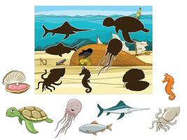 Match the underwater animals and fish to their shadows child game illustration vector