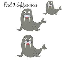 Find differences kids layout for game seal doodle hand drawn cartoon illustration vector
