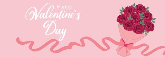 Valentines Day greeting card with bouquet of red roses and flowing ribbon on a soft pink background. Trendy Valentines Day greeting card. Festive banner, sale poster, social media or template vector