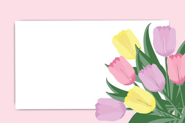 Floral greeting card with pastel tulips and blank white space on pink background for text or message. Festive banner, sale poster, social media or template