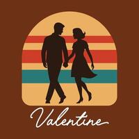 Romantic Valentine Couple Silhouette with Retro Sunset Background vector