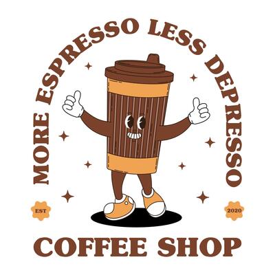 Retro logo mascot with coffee. Groovy food mascot for coffee shop, cafe menu and more.