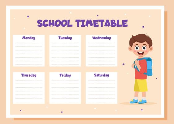 Lesson schedule. School timetable with schoolboy.
