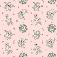 Seamless pattern with Christmas-themed cartoon groovy characters. vector