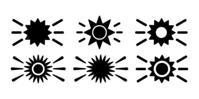 Set of sunburst and star icons with radial lines in various styles. Minimalist graphic elements on white background. Sunshine and energy concept. Design for greeting cards, posters, banners vector
