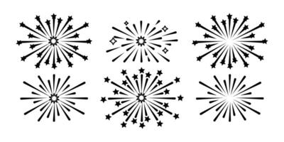 Set of starburst and fireworks icons in various shape. Graphic elements firecrackers on a white background. New Year and celebration concept. Design for greeting cards, invitations, posters, banners. vector