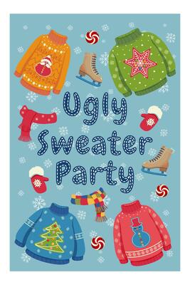 Ugly Sweater Party illustration with Christmas themed sweaters, scarves, mittens, ice skates, and snowflakes on blue background. Winter holiday invitation design.