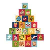 Festive advent calendar illustration with colorful Christmas icons in a New Year and Christmas tree shape, each square featuring holiday themed symbols. vector