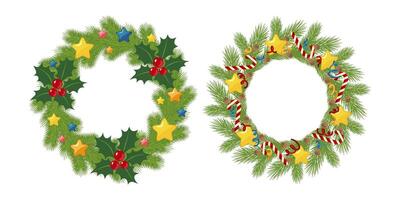 Set of decorative Christmas wreaths with green pine needles, red berries, holly leaves, and star ornaments on a white backdrop. Design for greeting card, invitation, poster, and banner. vector