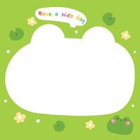 Cute frog face head in paper note.Stationary template.Lotus leaf,flower,have a nice day text hand drawn.Reptile animal character cartoon design.Image for card,sticker,paper sheet.Kawaii. vector