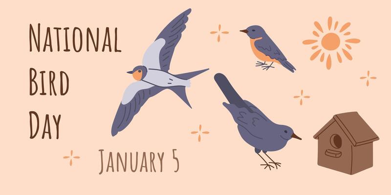 Holiday banner celebrating National Bird Day with various bird drawings, a birdhouse, and decorative elements in soft colors. Vertical hand drawn botany composition