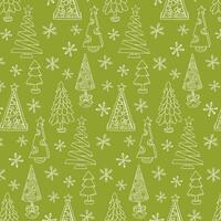 Christmas pattern with outline Christmas trees and snowflakes on green grass background, ideal for children designs and fabric. vector