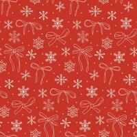 Christmas bows and snowflakes seamless pattern in outline doodle style on red background, ideal for winter holiday designs and fabric vector