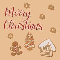 Christmas greeting card with gingerbread cookies shaped as a man, tree, and house, with hand drawn calligraphy text Merry Christmas in cheerful, flat style. vector