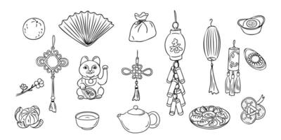 Chinese Lunar New Year set with traditional items. Monochrome contour doodle stickers with dumpling, cat, and Chinees lanterns isolated on white background. Sketchy drawing for Asian holiday. vector