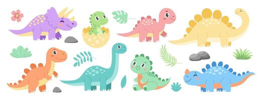A group of cartoon dinosaurs with one of them sitting on a rock. The dinosaurs are of different sizes and colors vector