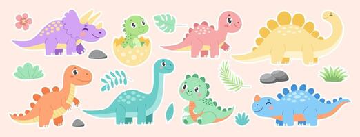 A set of dinosaur stickers with different colors and sizes. Some of the dinosaurs are green, while others are orange or yellow vector