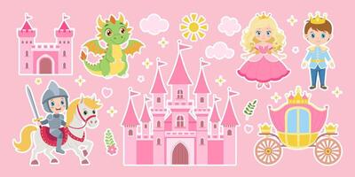 A group of cartoon characters are shown in front of a castle. One of the characters is a knight on horseback vector