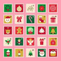 A postcard with a Christmas tree and a Santa Claus on it. The postcard is a part of a collection of postcards with different Christmas themes vector