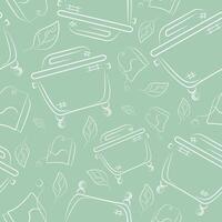 seamless pattern with a large square dustbin and with garbage, namely with a tea bag on a green background, to fight against environmental pollution day vector