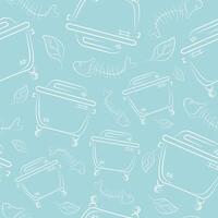 seamless pattern with a large square garbage can and with organic garbage, namely a fishbone spine on a blue background, to fight against environmental pollution day vector