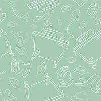 seamless pattern with a large square garbage can and various garbage placed chaotically on a green background, to fight against environmental pollution day vector