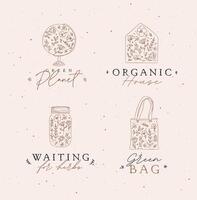 Labels globe, envelope, hand bag, jar of jam with flowers drawing on peach background vector