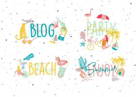 Summer lettering with inscriptions travel blog, party, beach time, enjoy drawing in color style vector