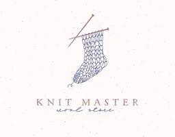 Knitted sock label with inscription wool store drawing on beige background vector