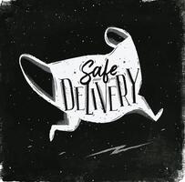Safe delivery with running medical mask and lettering drawing with chalk on chalkboard background vector