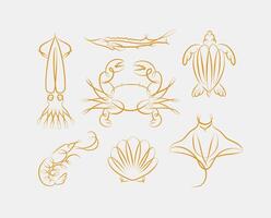 Filigree swirl sea and ocean creatures squid, fish, crab, turtle, shrimp, stingray, shell, scallop drawing on light background vector