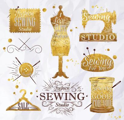 Sewing symbol in retro vintage gold style lettering mannequin, coil, pins, hangers, buttons