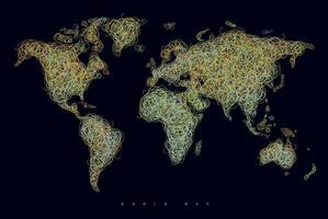 World map drawing with tangled orange and yellow lines on black background vector