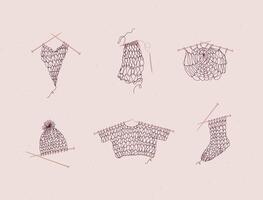 Knitting collection with needles, sweater, sock, hat, napkin, yarn, wool, cap drawing in line art style on pink color background. vector