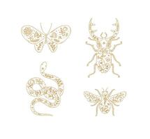 Beetles elements stag beetle, snake, moth, insect drawing in floral style with beige on light background vector