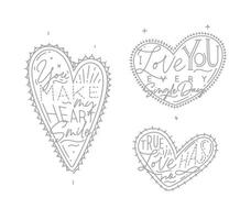 Set of valentines day flat hearts with greeting lettering drawing on white background. vector