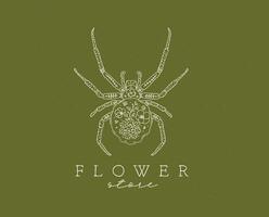Spider label design lettering flower store drawing in floral style on green background vector