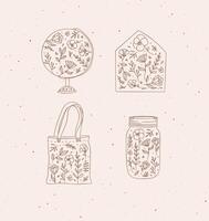 Icons globe, envelope, hand bag, jar of jam with flowers drawing on peach background vector