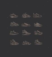 Men shoes different types of sneakers set drawing in vintage style on brown background vector