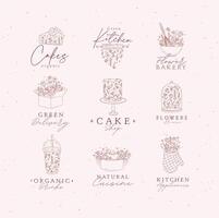 Sweets cooking appliances labels with flowers and lettering in hand drawing style on peach background vector