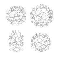 Set of valentines day flat monogram with greeting lettering drawing on white background. vector