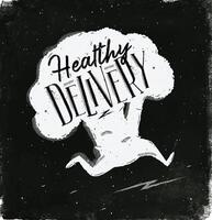 Healthy delivery with running broccoli and lettering drawing with chalk on chalkboard background vector