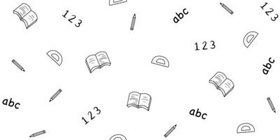 Back to school seamless pattern poster set. School supplies, items, materials and elements in endless doodle hand drawn pattern for educational wallpaper background. vector