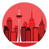 a red and white city skyline with a tower in the middle vector