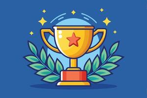 a trophy cup with stars and laurels on a blue background vector