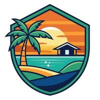 tropical island with palm tree and house at sunset vector