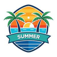 summer logo with palm trees and sunset vector