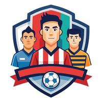 soccer team logo with three men in front of a shield vector