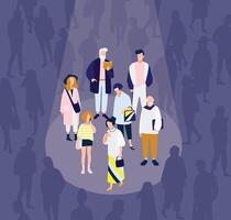 Men and women of various age illuminated by bright spot light against crowd of people in darkness on background. Concept of diverse focus group. Colorful illustration in flat cartoon style. vector